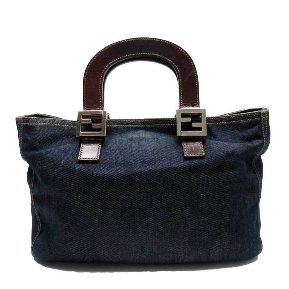 Fendi handbag tote bag Navy Blue brown denim canvas leather classic favorite